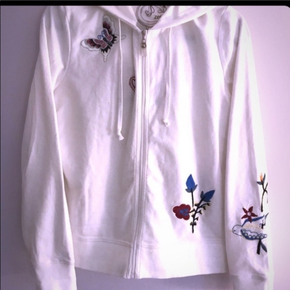 ZELLA White Floral/Bird Graphic Zip Up Hoodie M